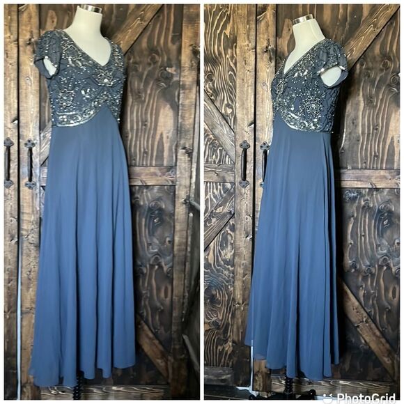 NWT J Kara V-Neck Beaded Cap Sleeve V Neck Maxi Evening Sheath beaded grey Dress - Picture 7 of 8